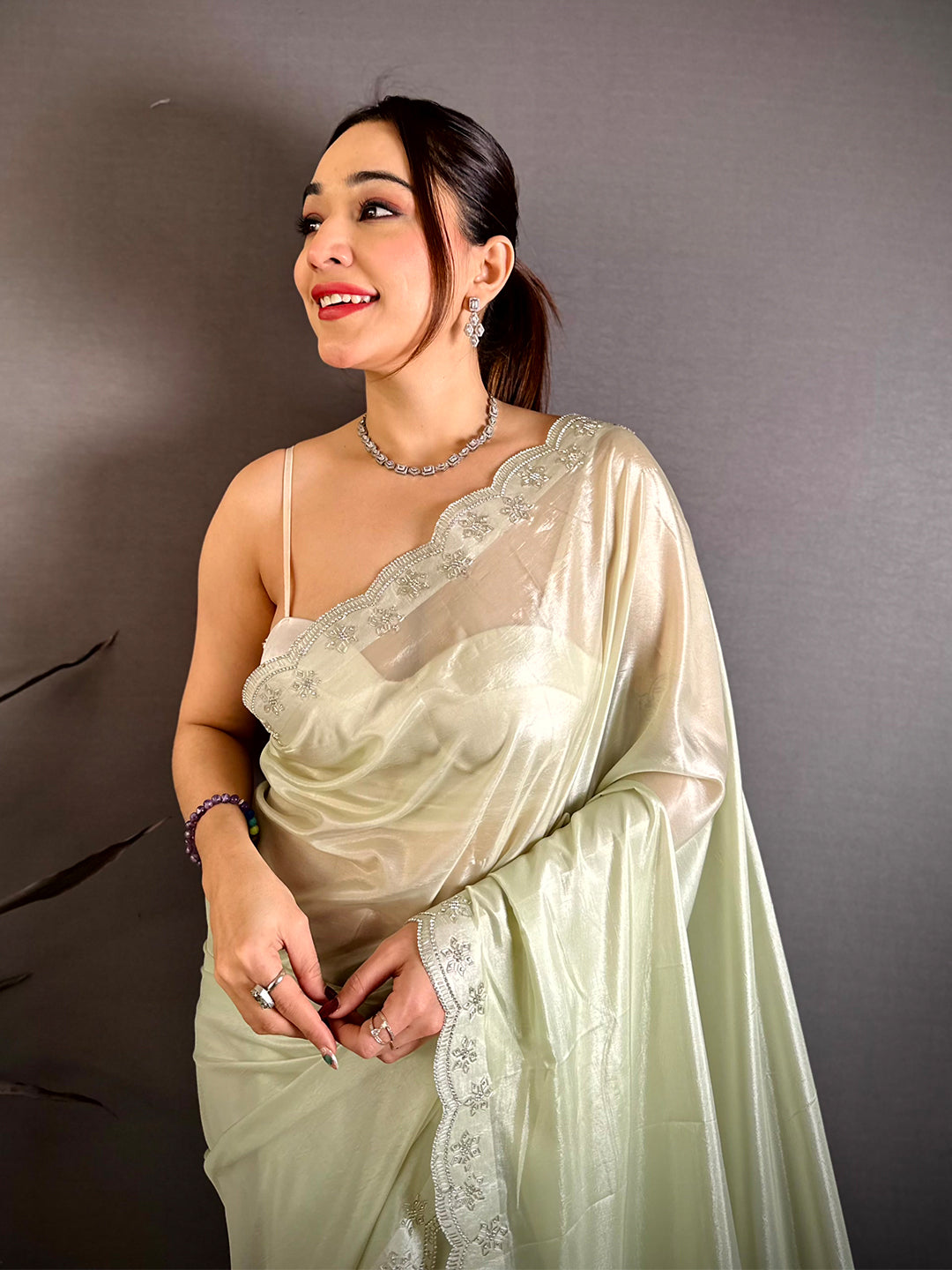 Stylish Silver Glass Swarovski Silk Saree