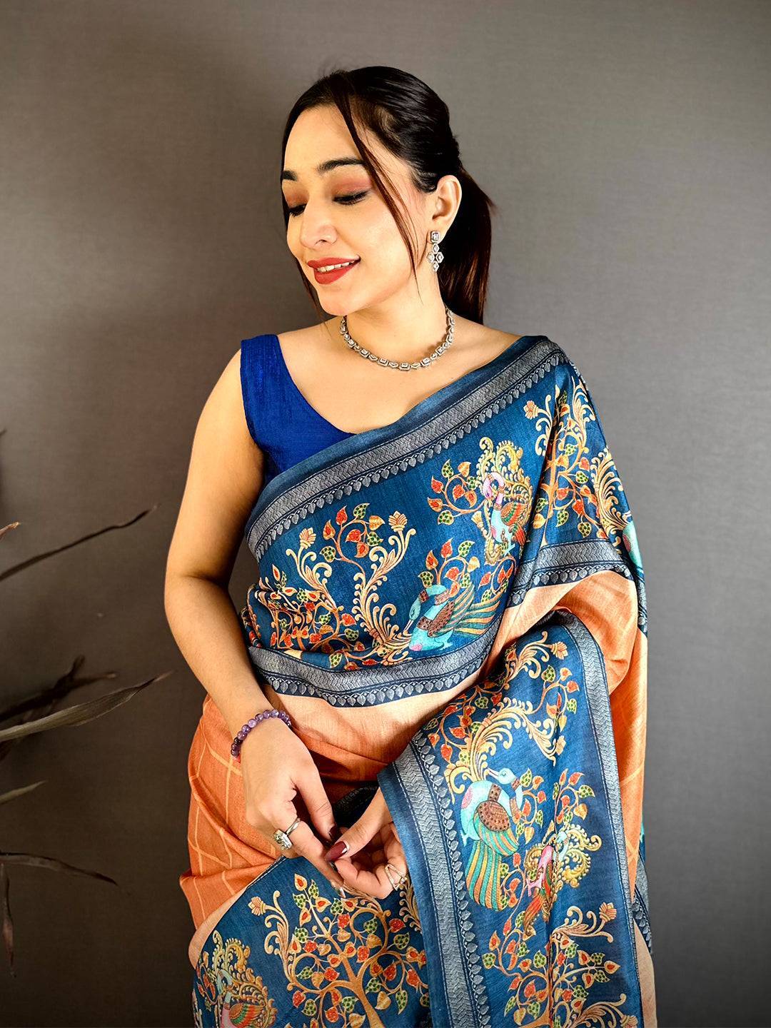 Light Orange Pen Kalamkari Saree