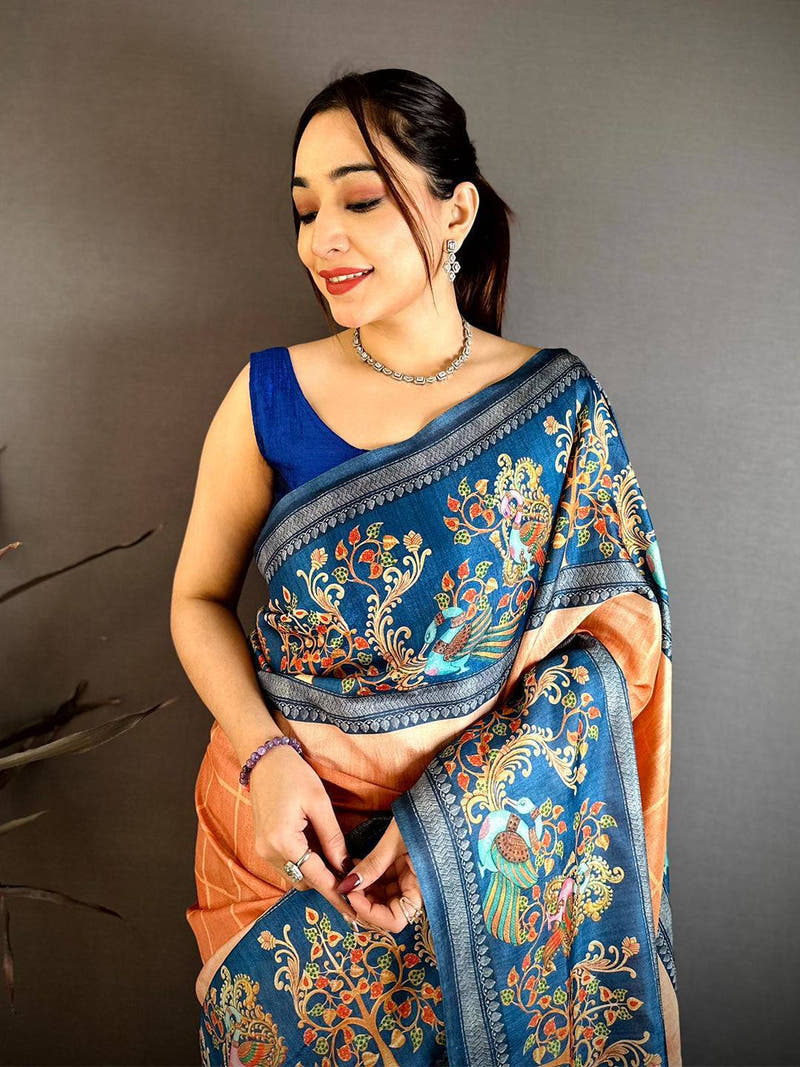Light Orange Pen Kalamkari Saree