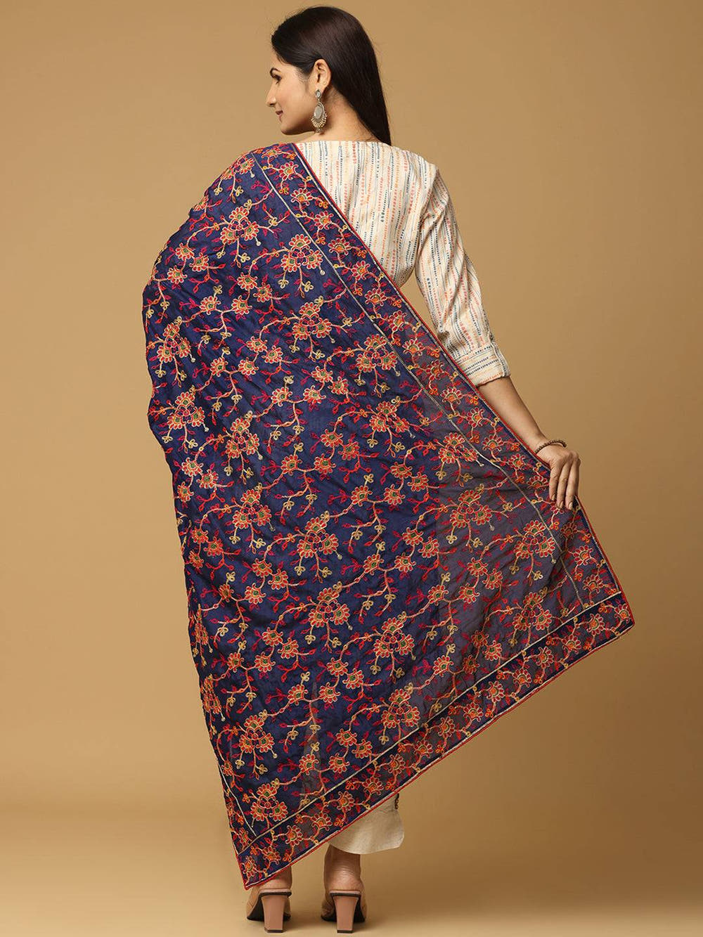 Back view of navy pashmina dupatta with ethnic motifs