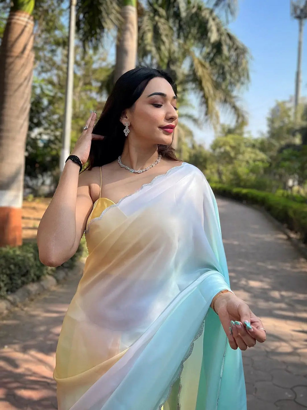  Yellow Colour Satin Georgette Saree with Ombre Print