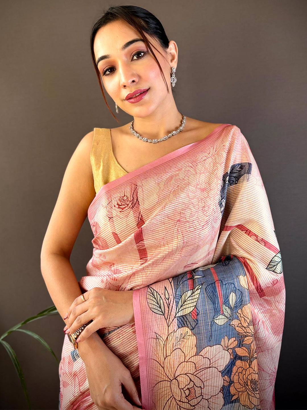 Rose Pink Tussar Floral Saree