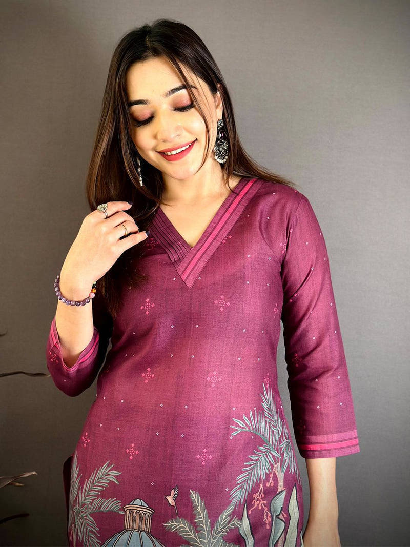 Classic Mughal Print Cotton V Collar Kurti