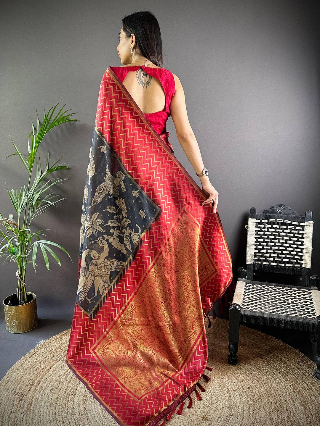 Red Heritage Weave Kalamkari Soft Silk Saree