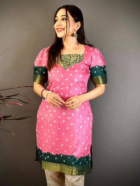 Pink Soft Dola Silk Paan Neck Kurti