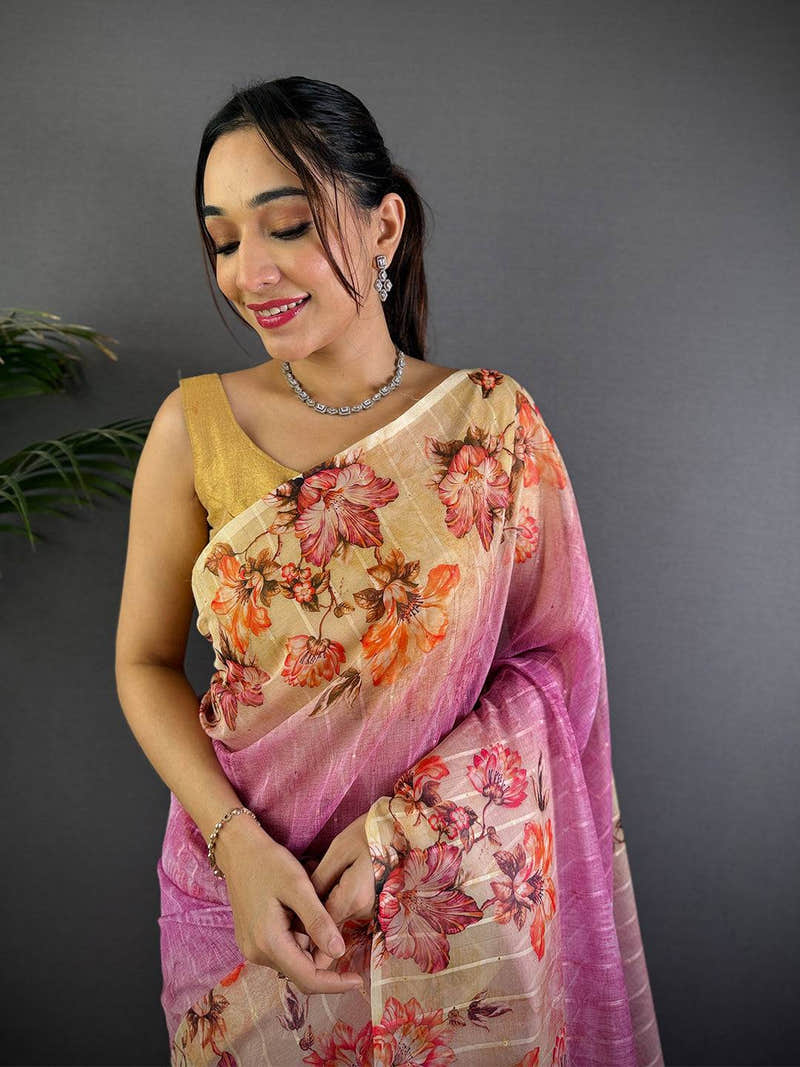 Rose Pink Soft Organza Digital Floral Saree
