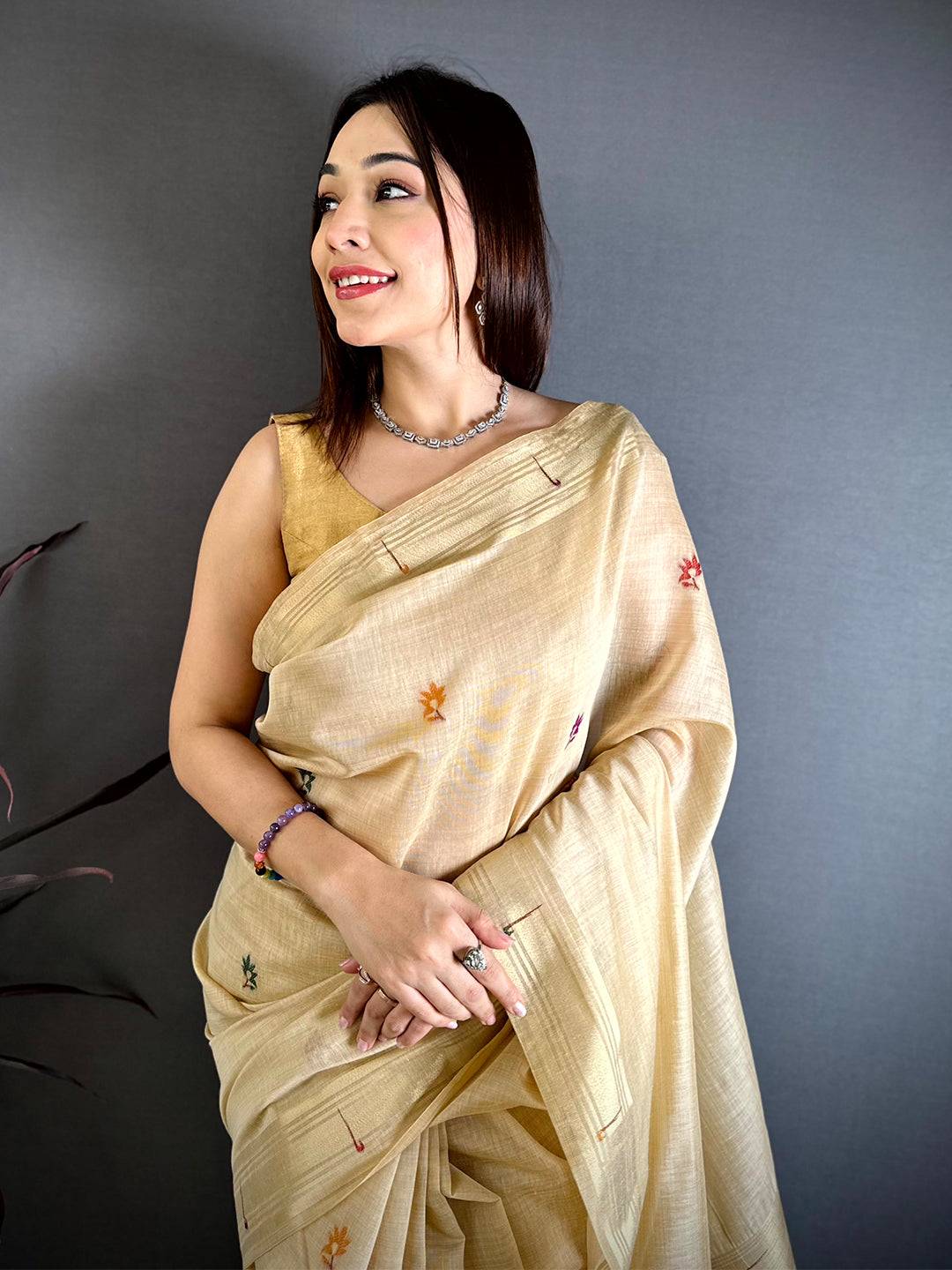 Cream Munia Minakari Khadi Saree


