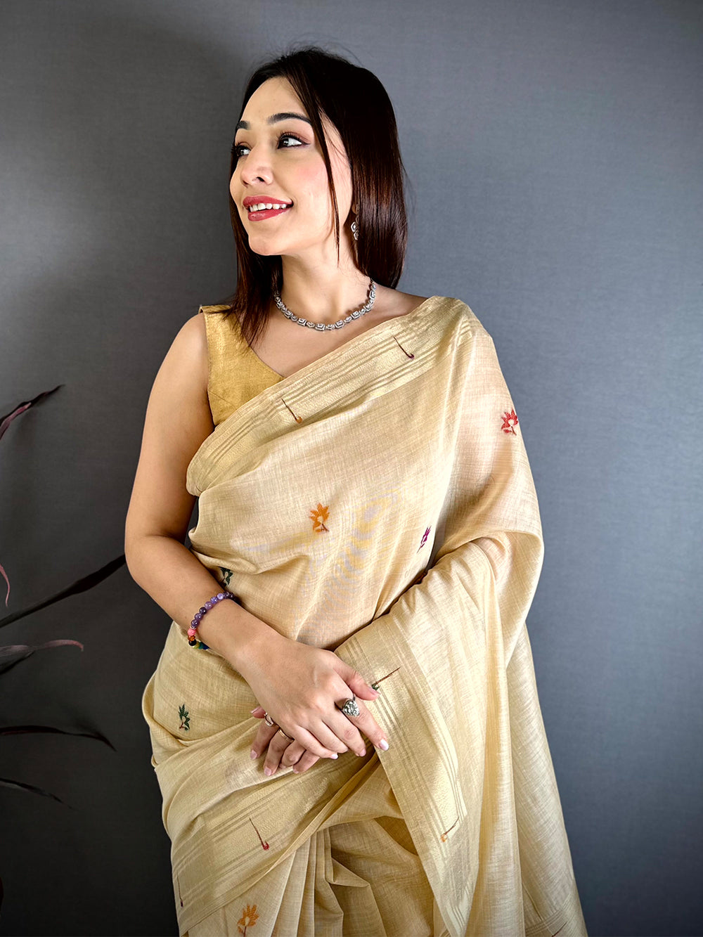 Cream Munia Minakari Khadi Saree


