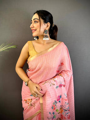 Rose Pink Linen Chex Floral Saree