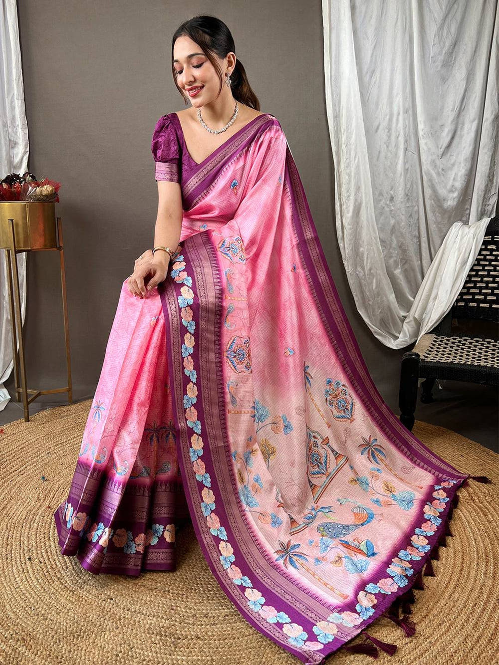 Oriental lily Pink Kota Satin Border Saree


