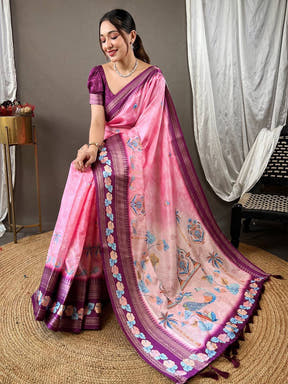 Oriental lily Pink Kota Satin Border Saree

