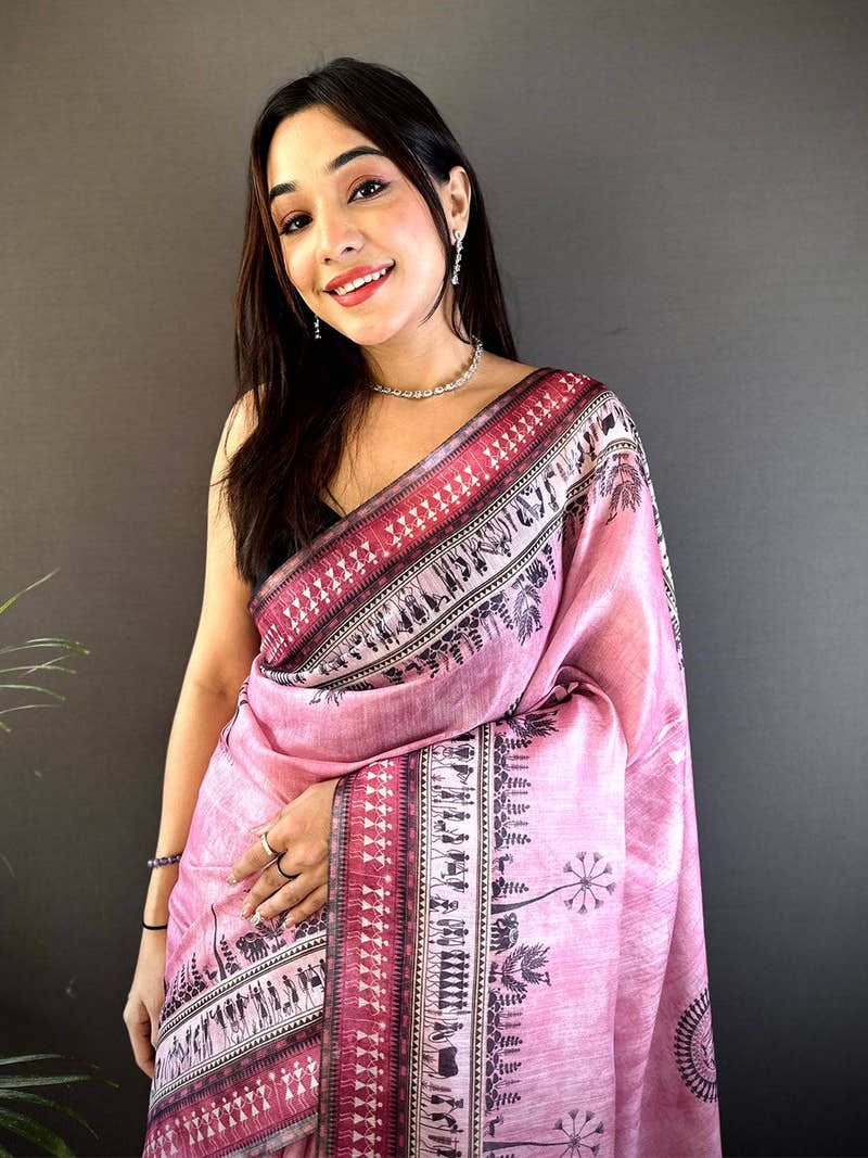 Blush Pink Warli Print Tissue Chanderi Saree