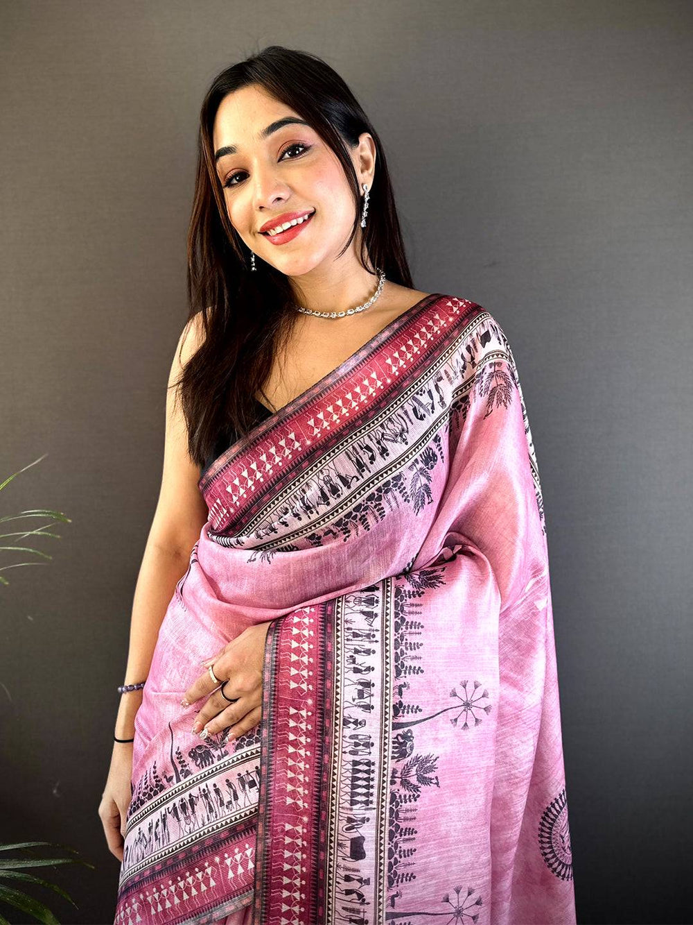 Blush Pink Warli Print Tissue Chanderi Saree