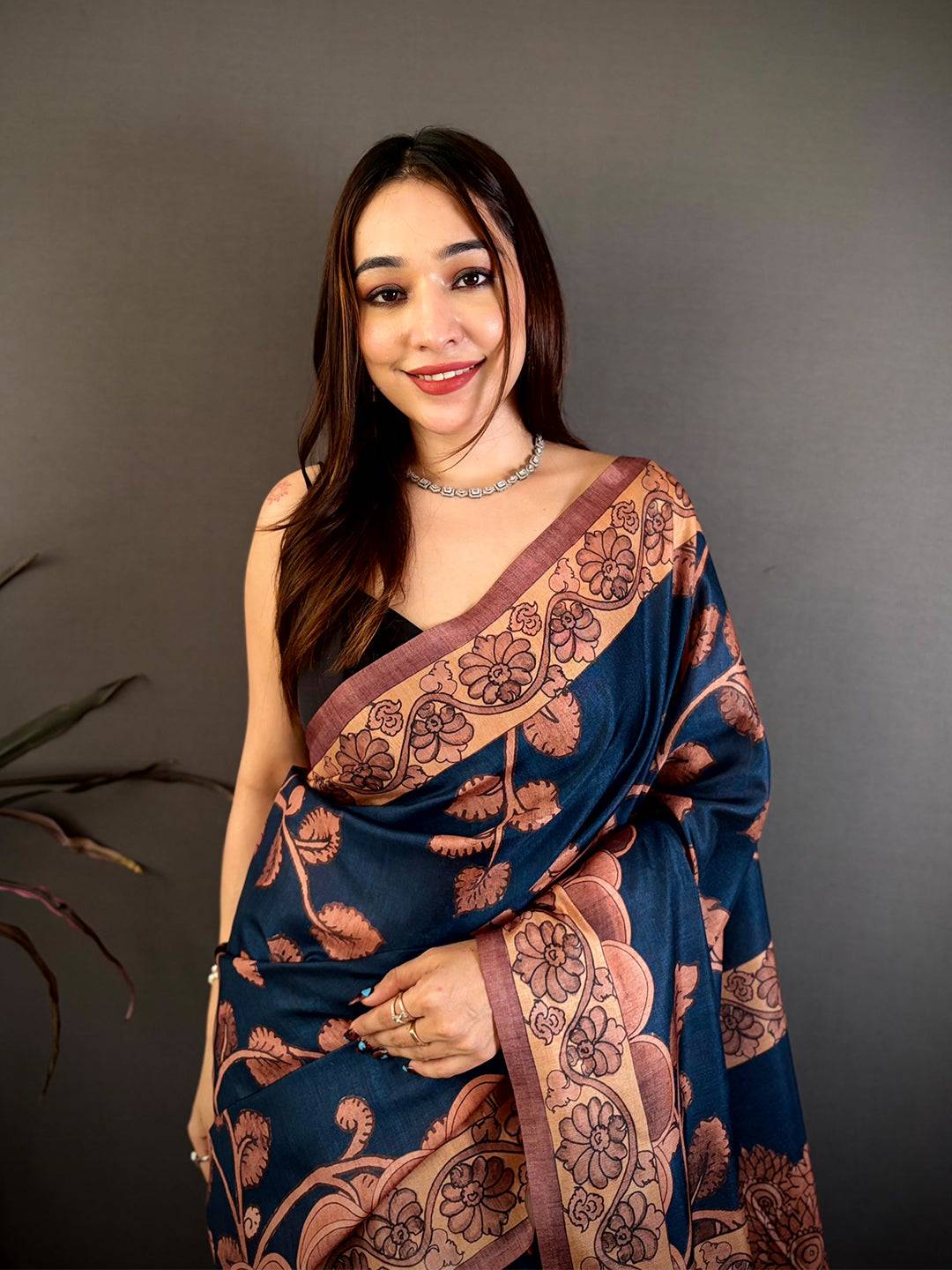 Navy Blue Soft Tussar Kalamkari Print Saree