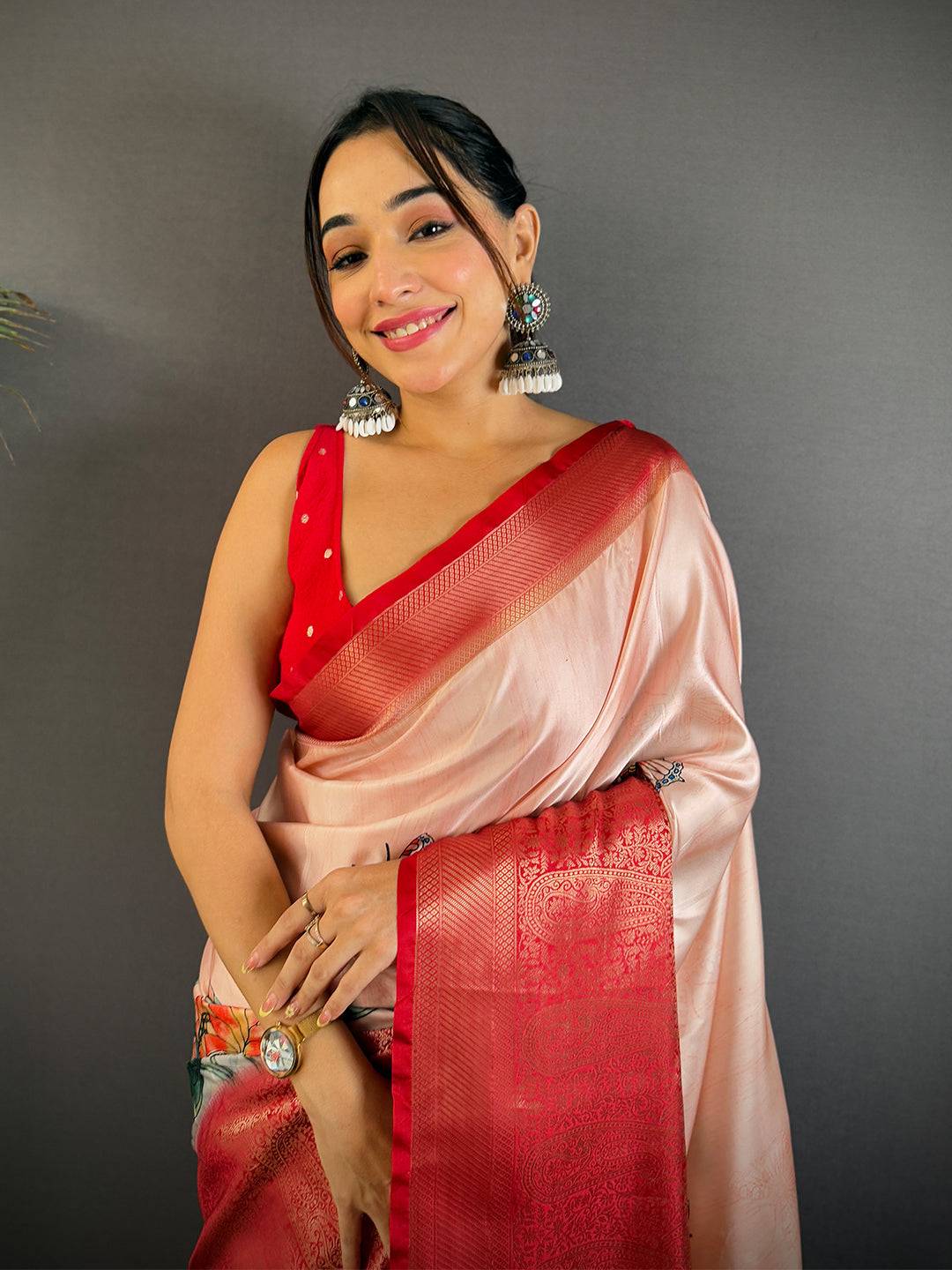 Artful Cherry Satin Kalamkari Printed Saree