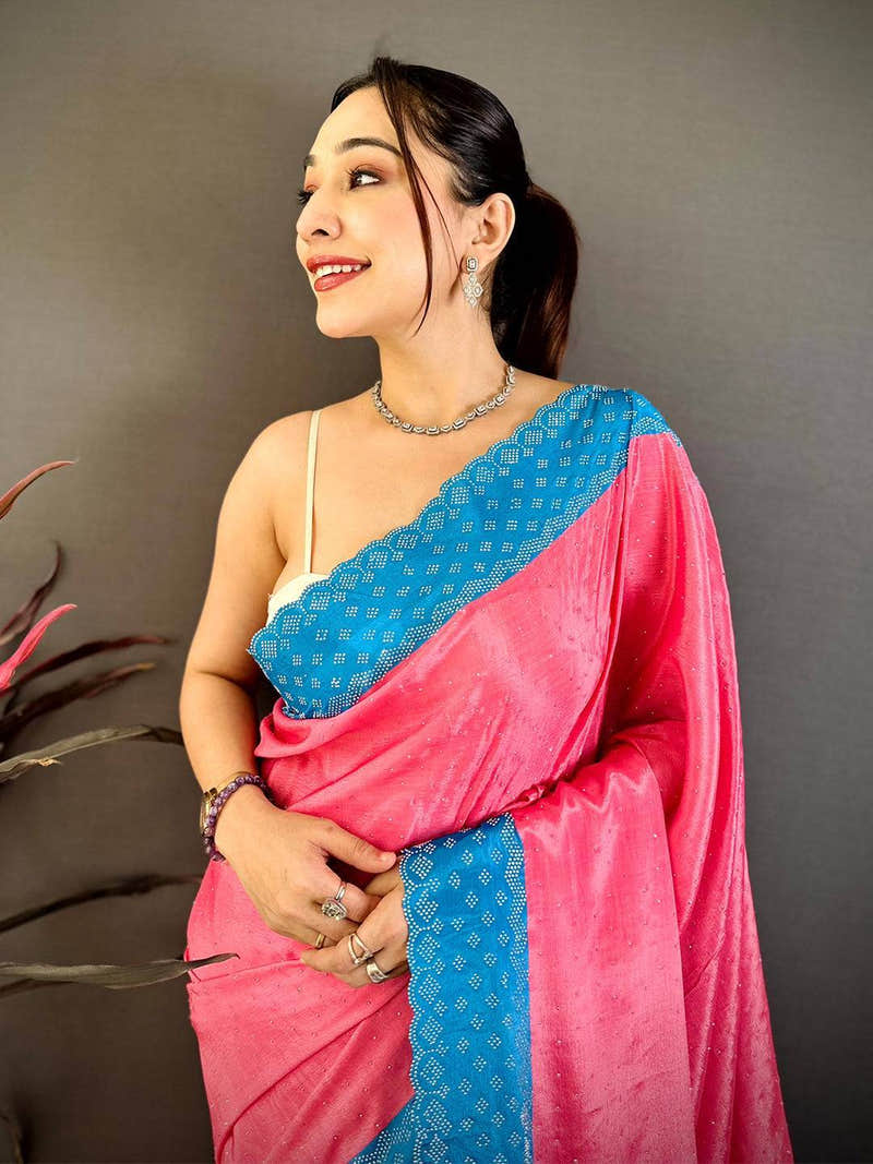 Pink Poly Chiffon Diamond Stone Work Saree