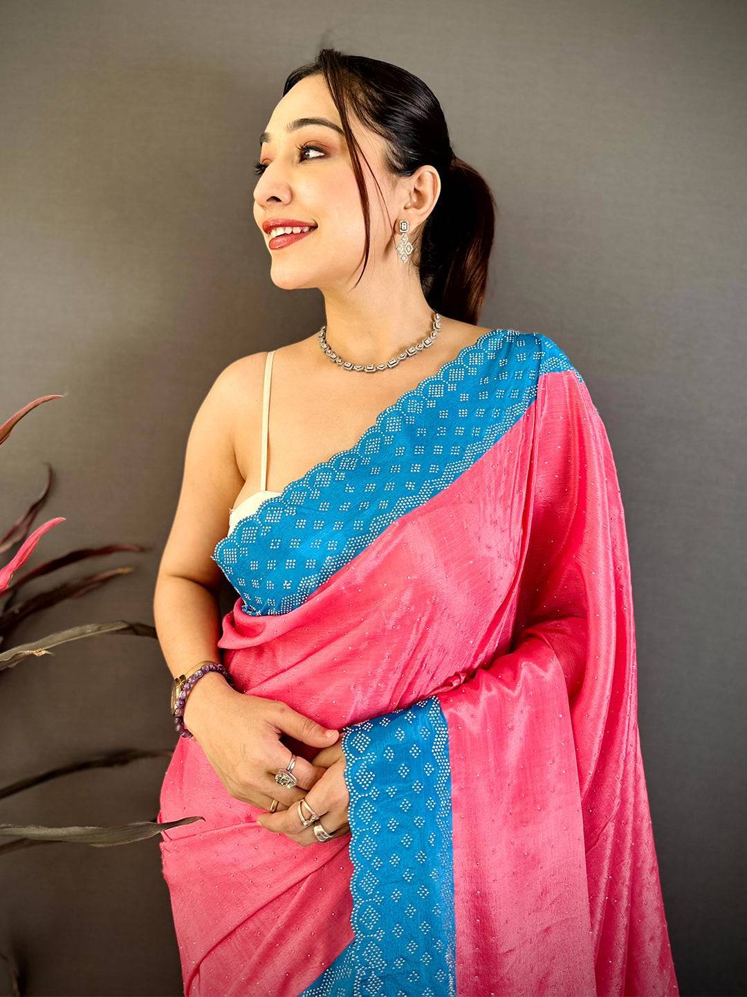 Pink Poly Chiffon Diamond Stone Work Saree
