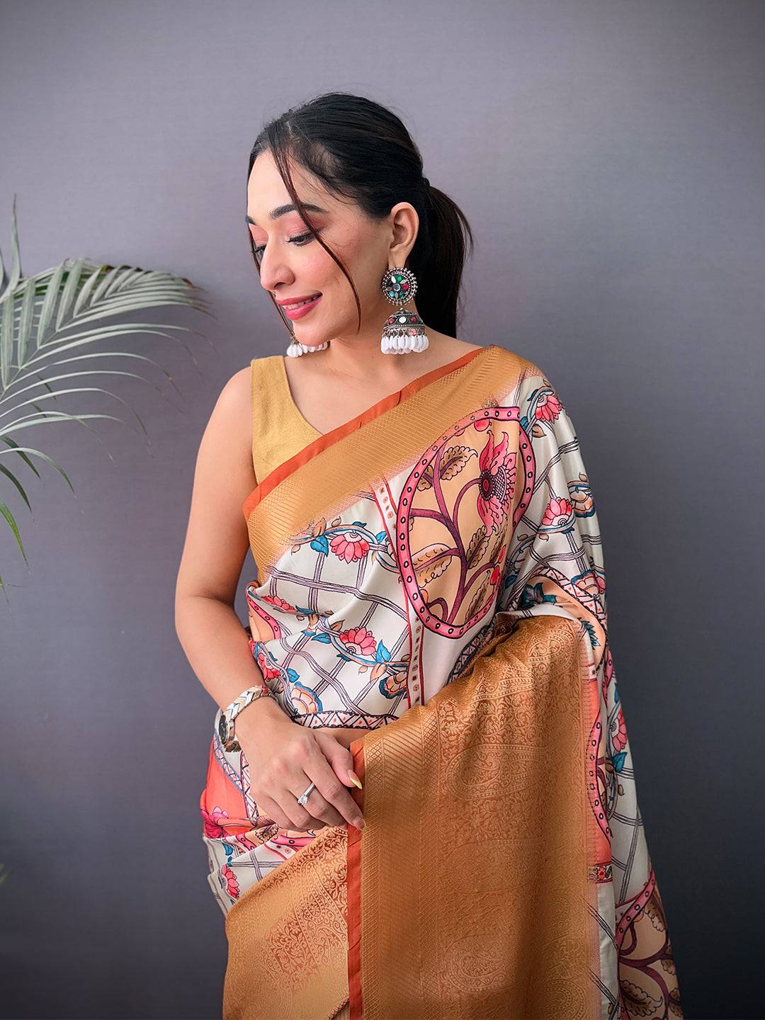 Elegant Cherry Satin Kalamkari Printed Saree
