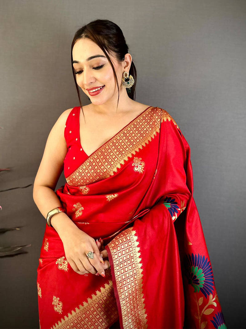 Red Banarasi Katan Silk Minakari Saree