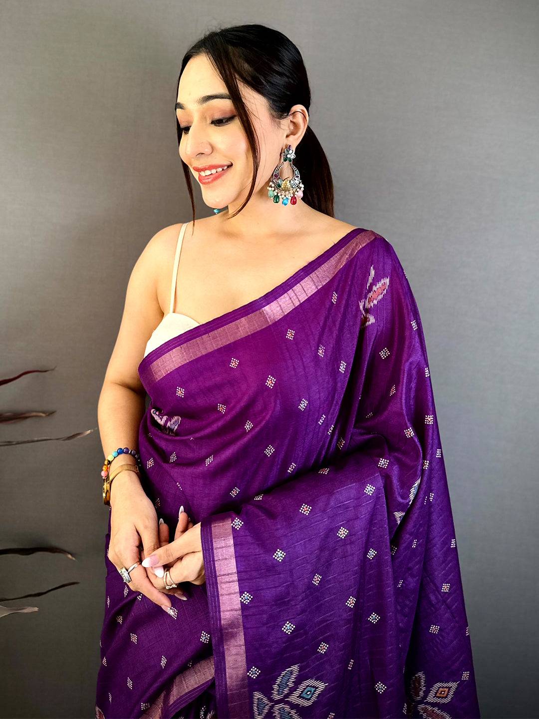 Purple Tussar Ghicha Weave Print Saree