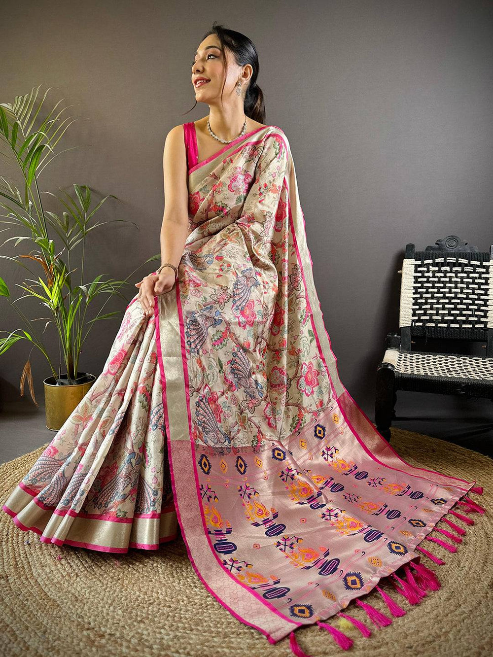 Serene Beige Phulkari Silk Saree