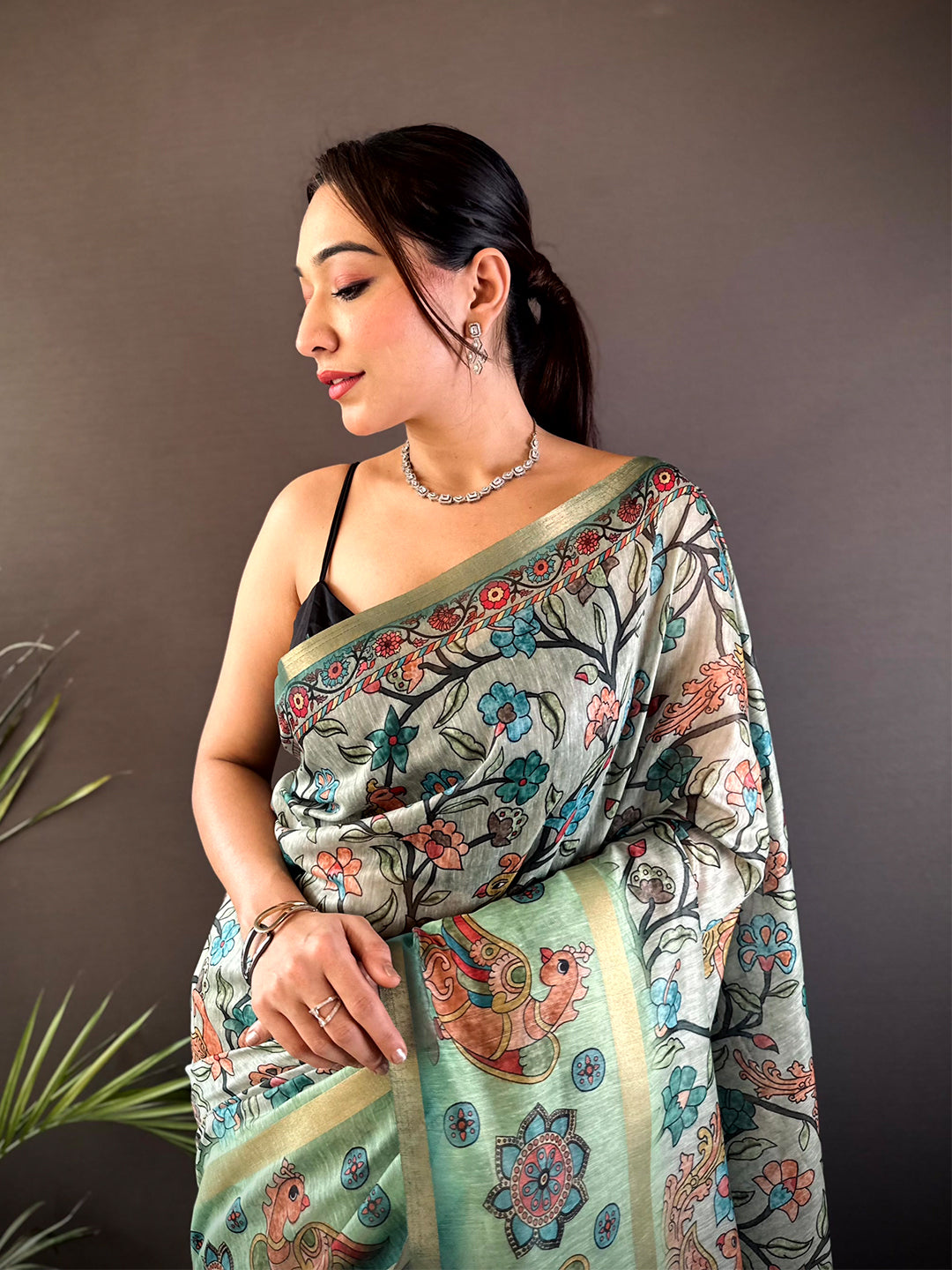 Pista Floral Kalamkari Chanderi Cotton Saree