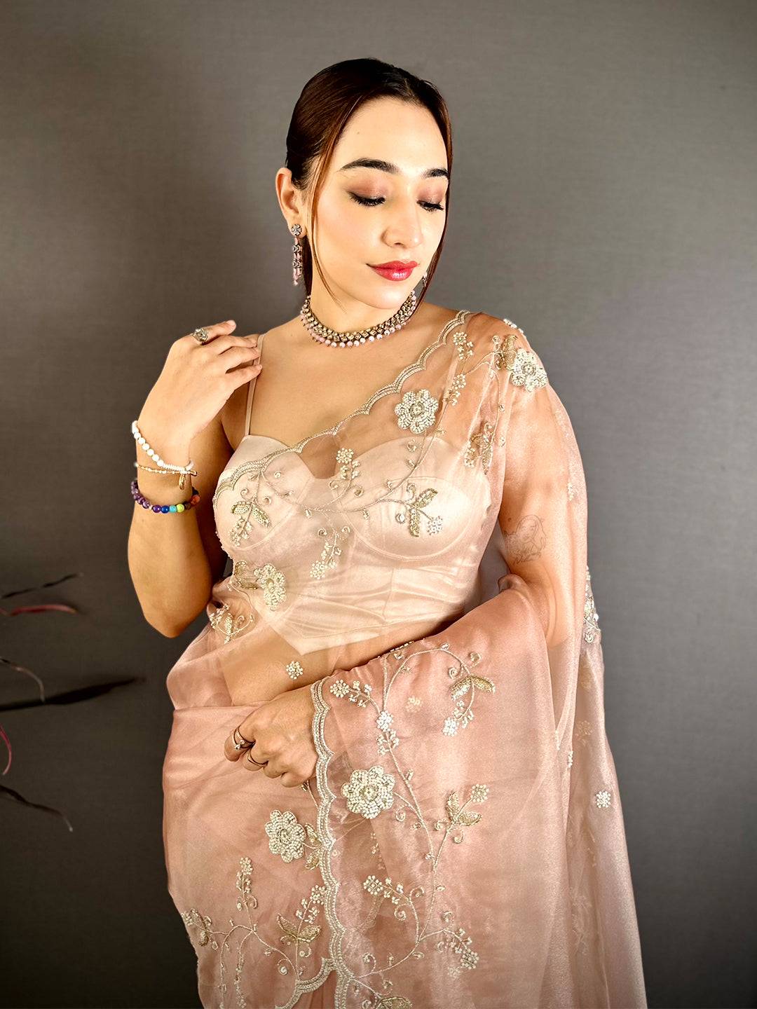Peach Pearl Work Glass Organza Saree