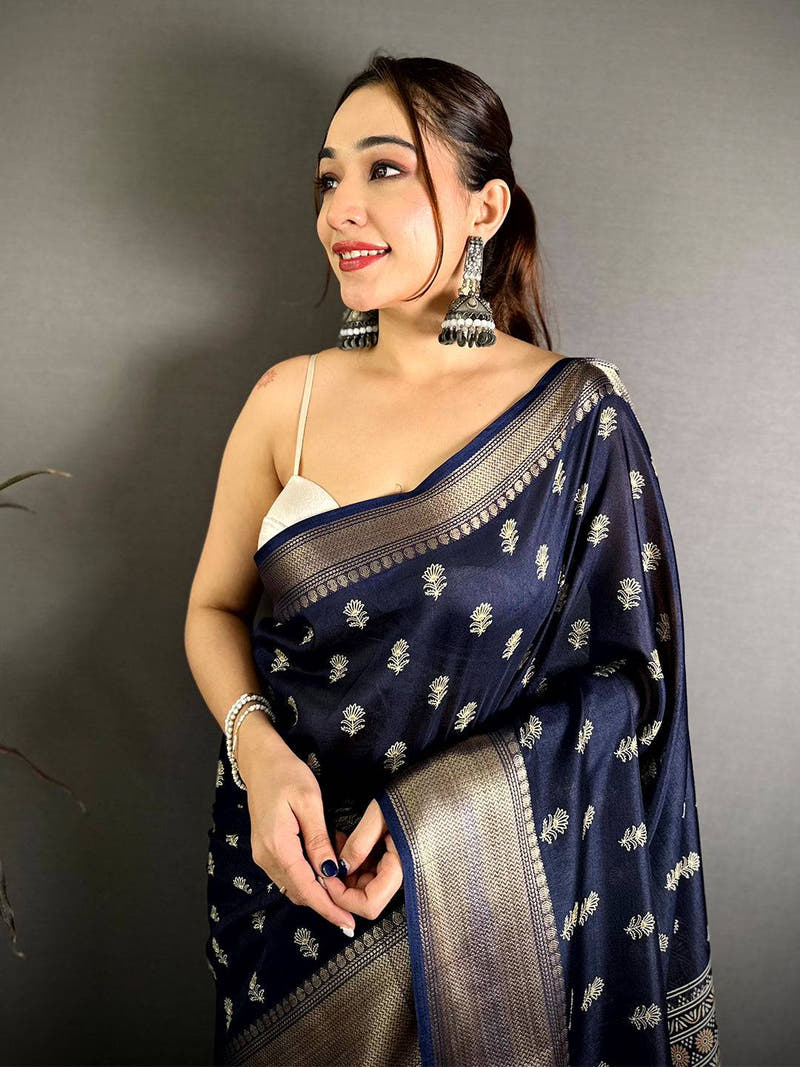 Navy Dola Block Print Zari Border Saree