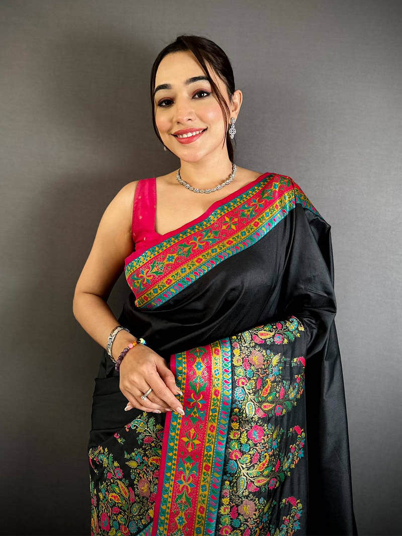 Black Kashmiri Pashmina Semi Silk Saree