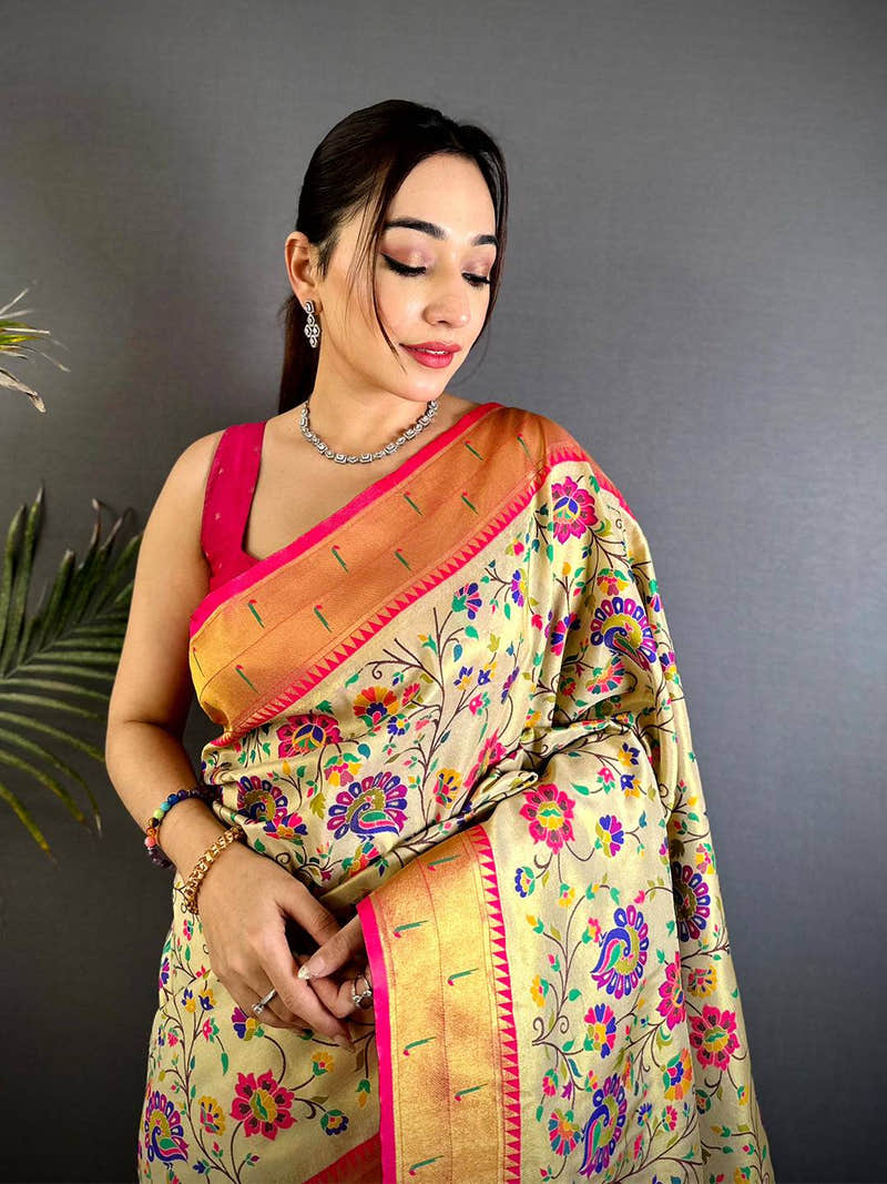Cream Minakari Weave Soft Paithani Saree