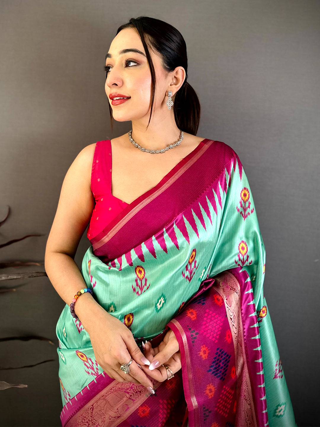 Sea Green Contrast Satin Ikat Zari Silk Saree