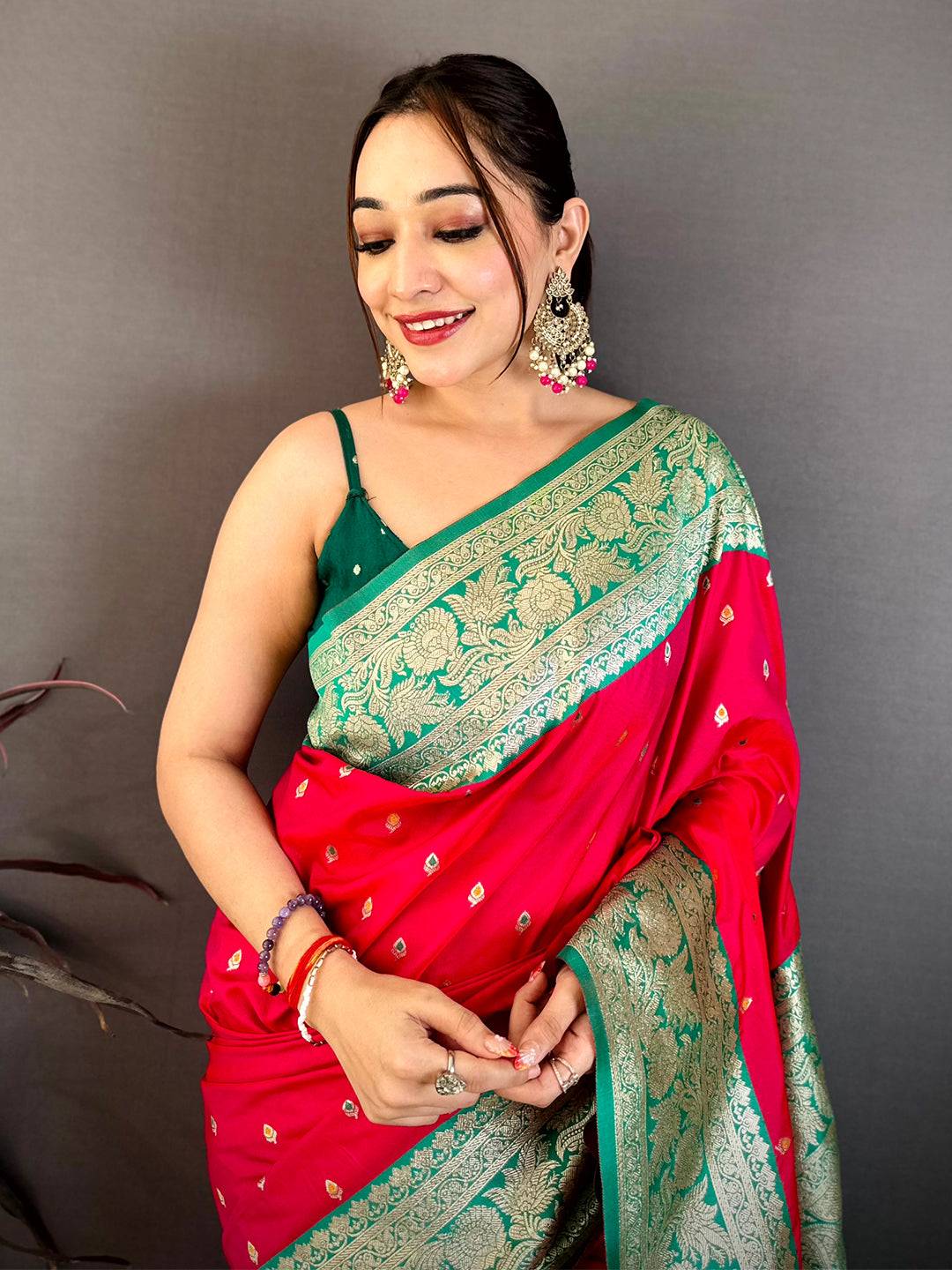 Bright Pink Soft Silk Kanjivaram Saree with intricate gold zari border