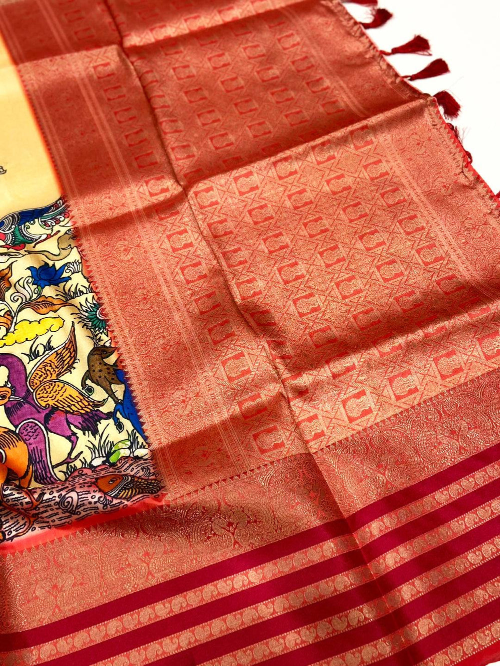 Beige Kalamkari Banarasi Silk Saree