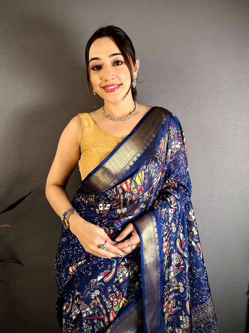 Navy Pen Kalamkari Soft Dola Zari Saree