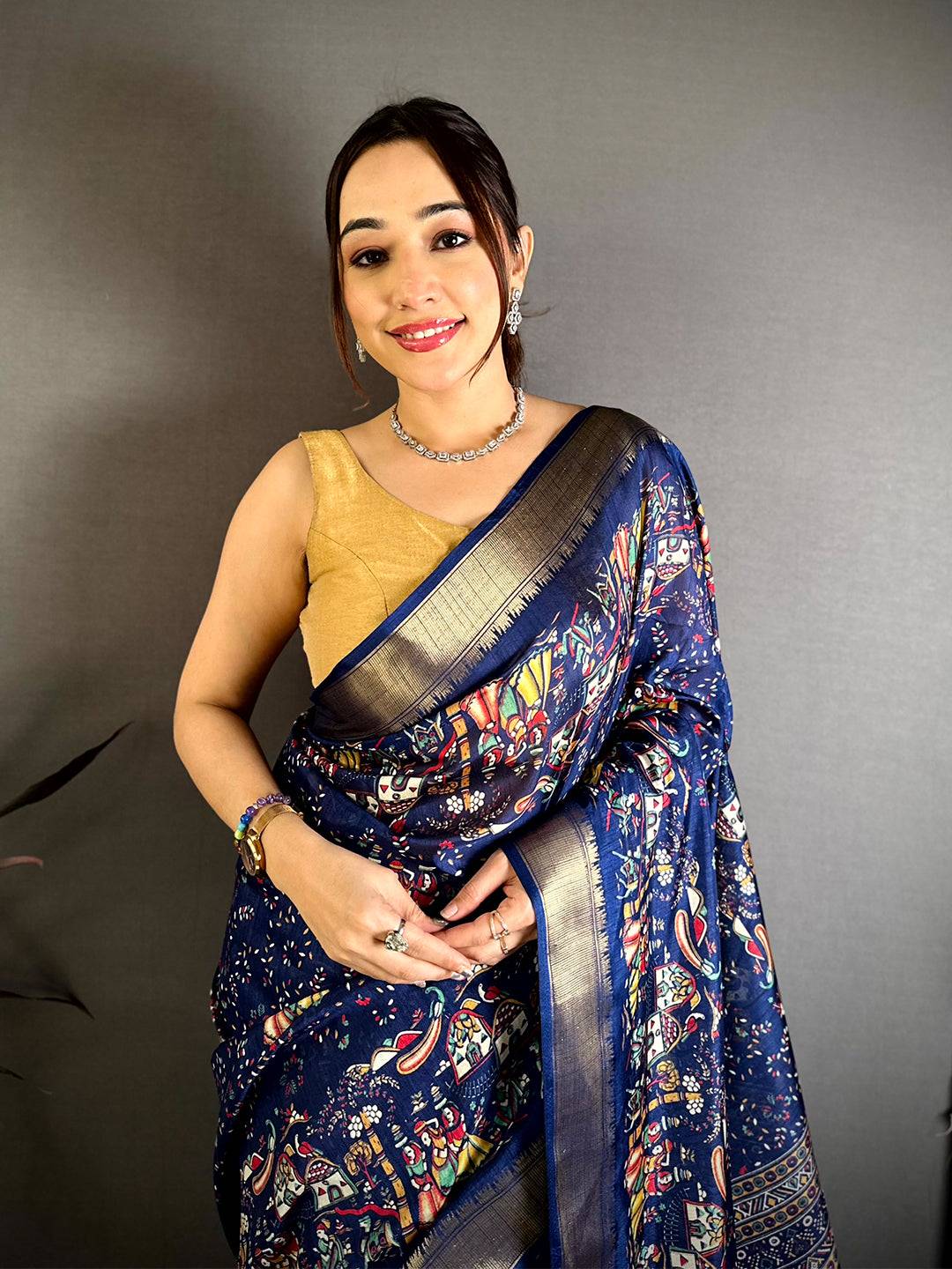 Navy Pen Kalamkari Soft Dola Zari Saree