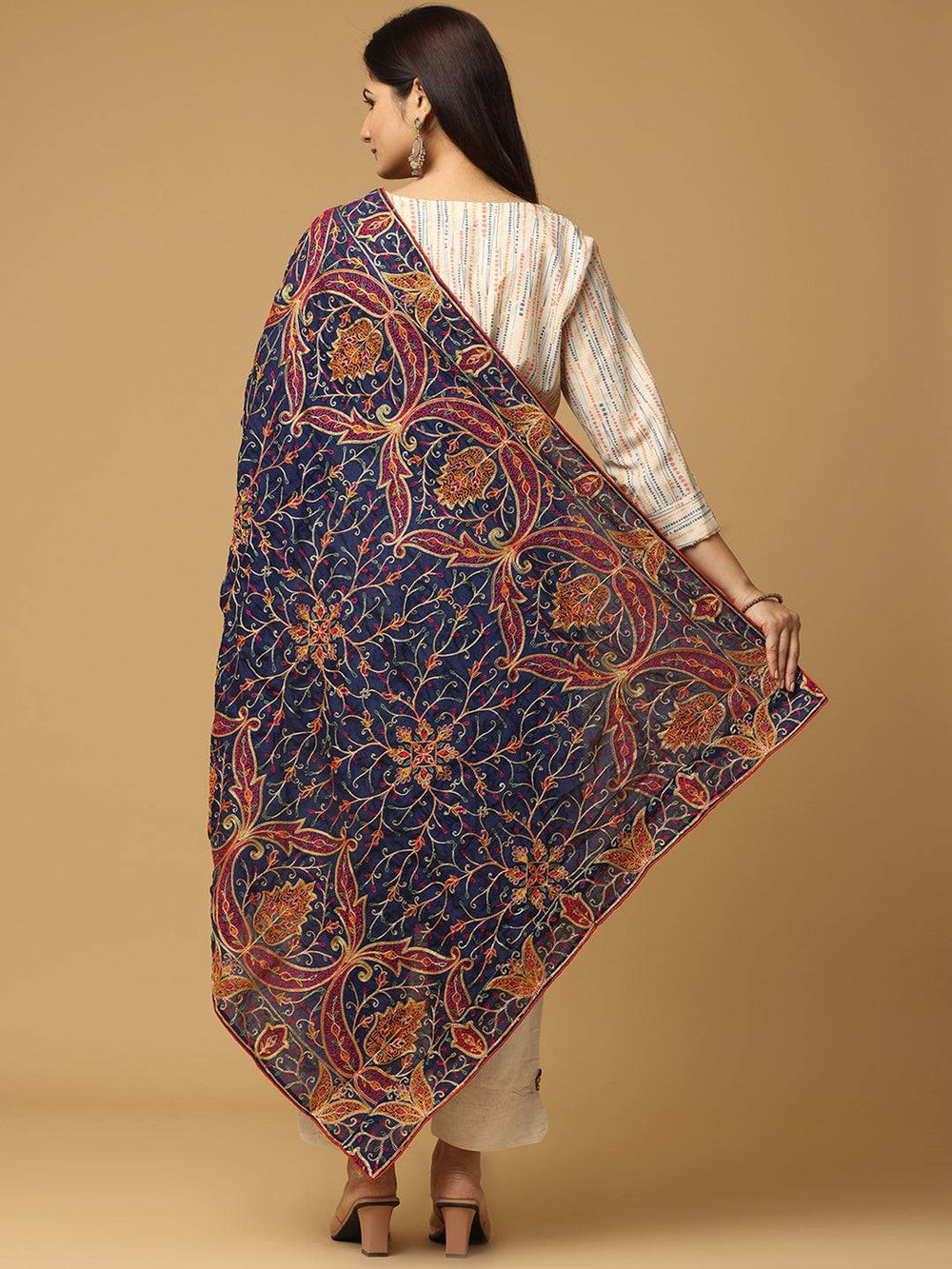 Back view of Navy Pashmina Dupatta with Threadwork