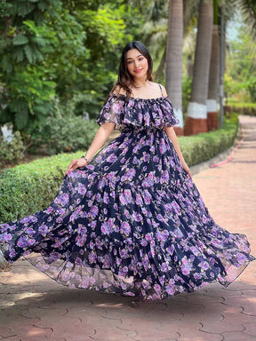Flowy floral print dress with ruffle neck outdoors