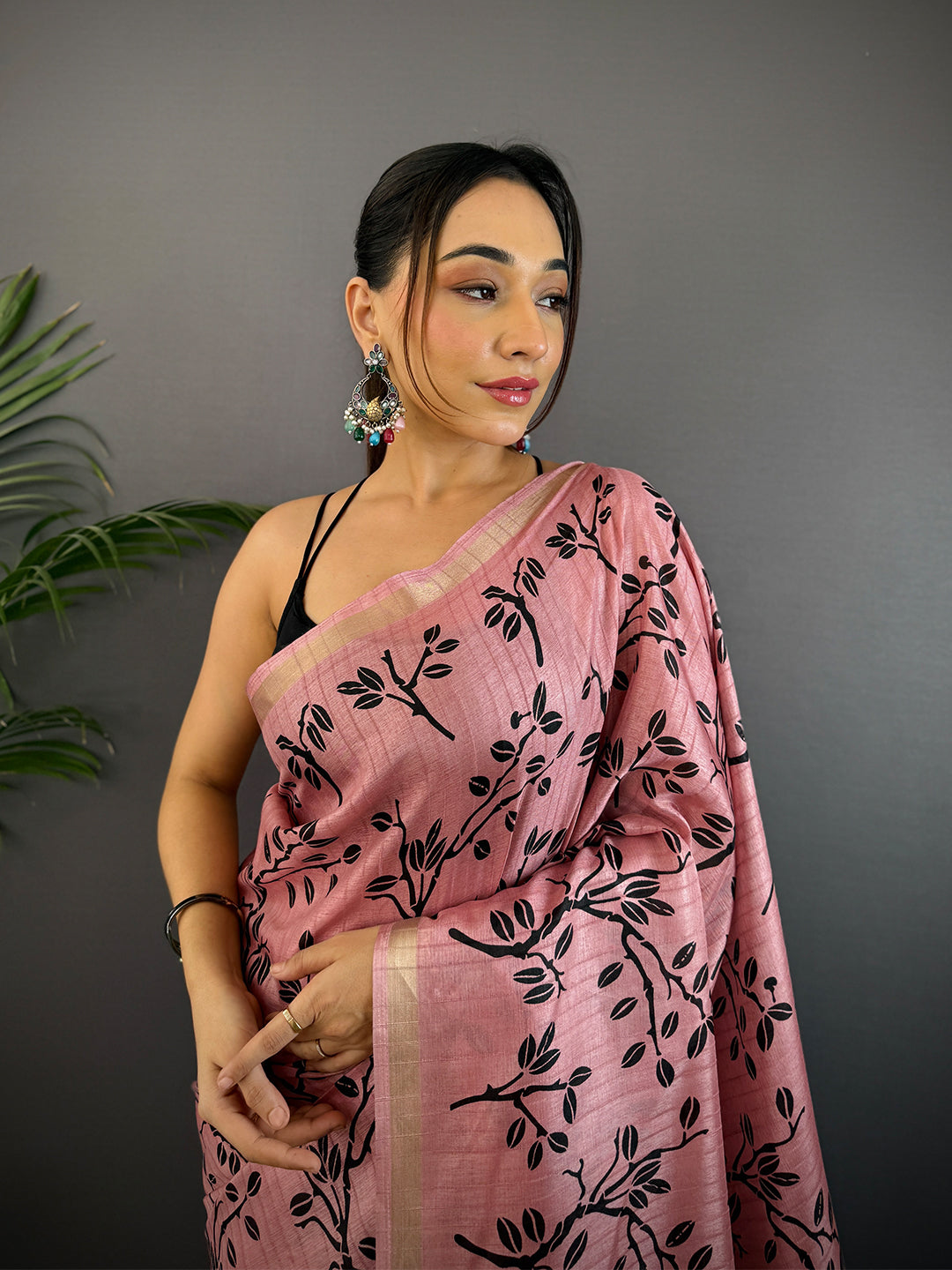 Rose Pink Ghicha Leaf Print Saree