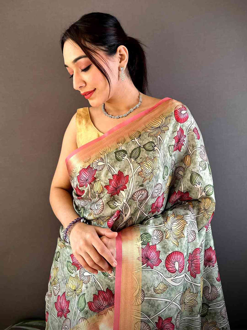 Mint Green Soft Silk Tissue Floral Print Saree