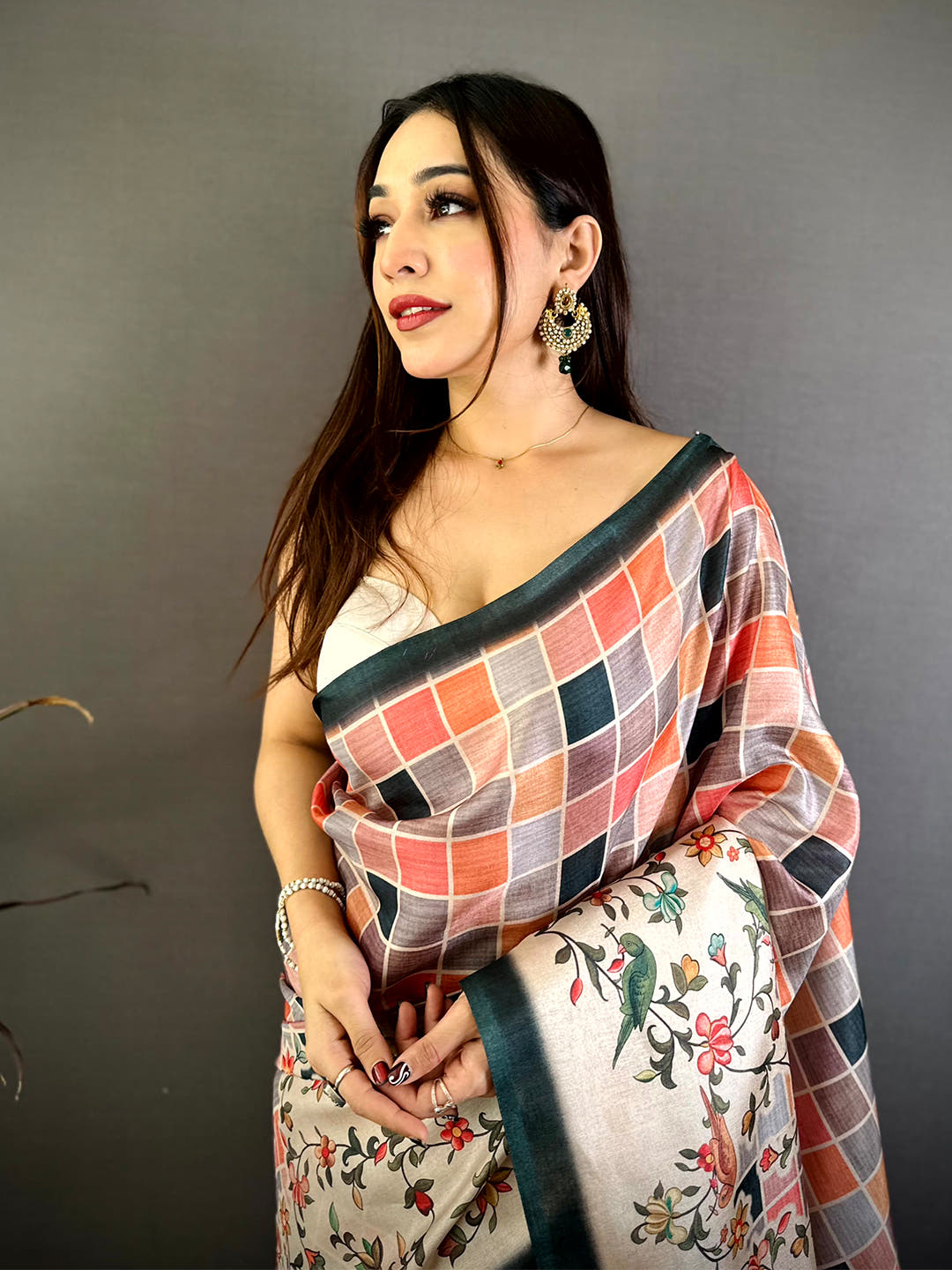 Elegant Tussar Floral Check Print Saree