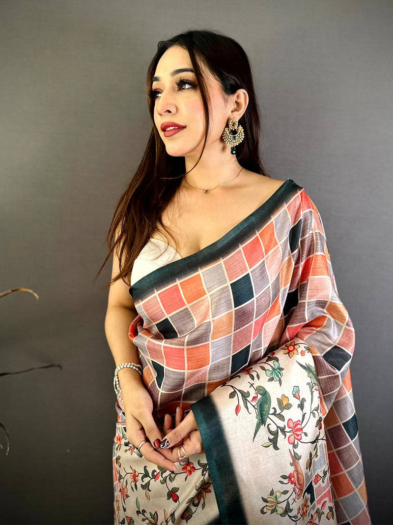 Elegant Tussar Floral Check Print Saree