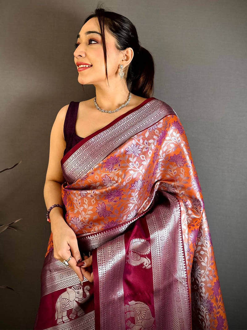 Orange Dharmavaram Double Ikkat Saree