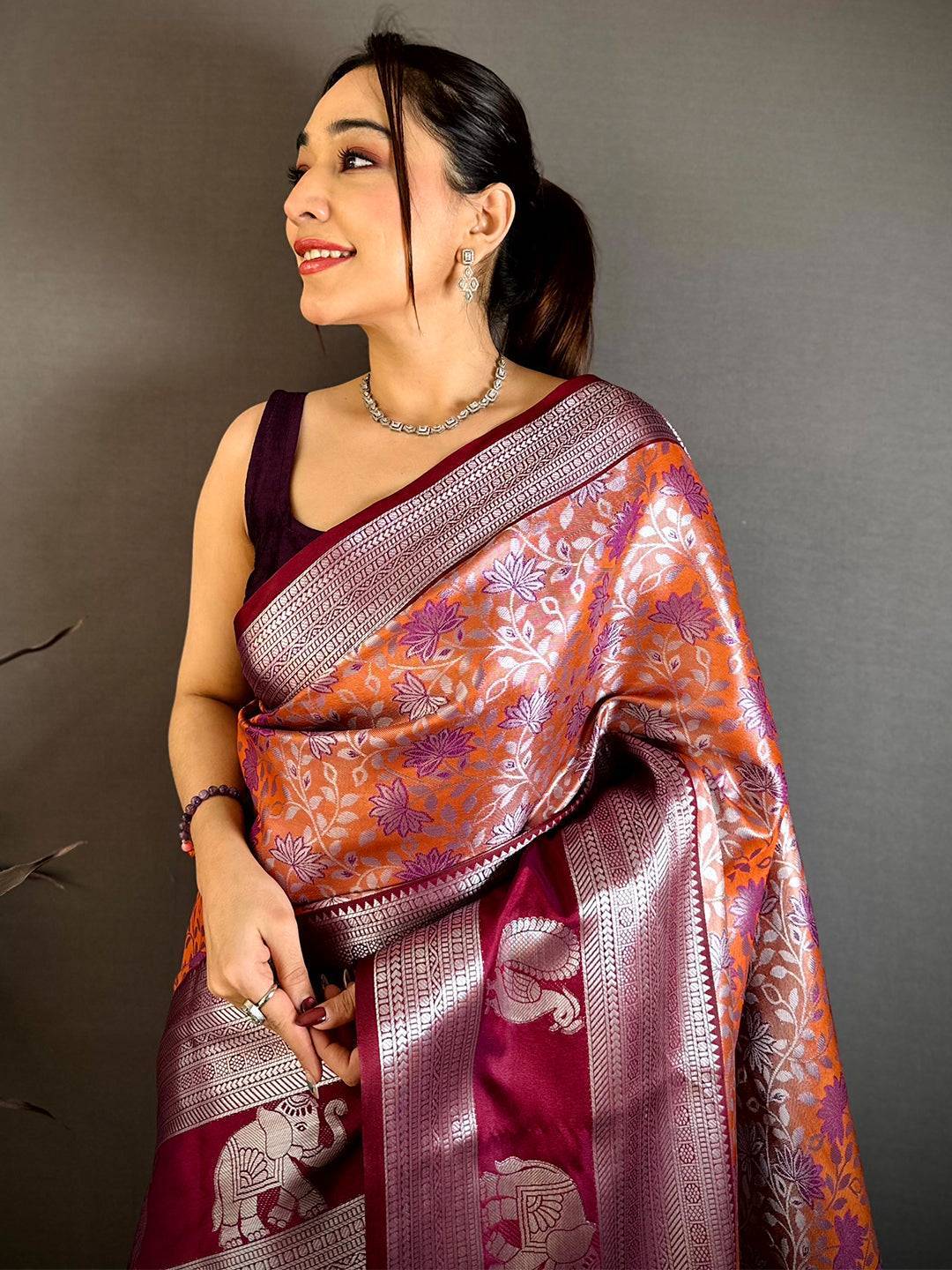 Orange Dharmavaram Double Ikkat Saree
