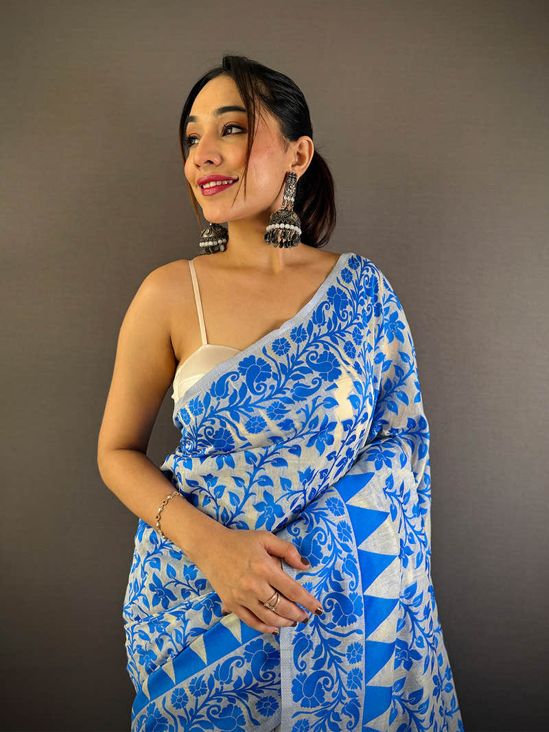 Sky Blue Dhakai Jamdani Cotton Silk Saree