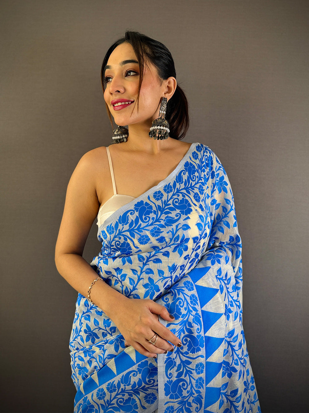 Sky Blue Dhakai Jamdani Cotton Silk Saree