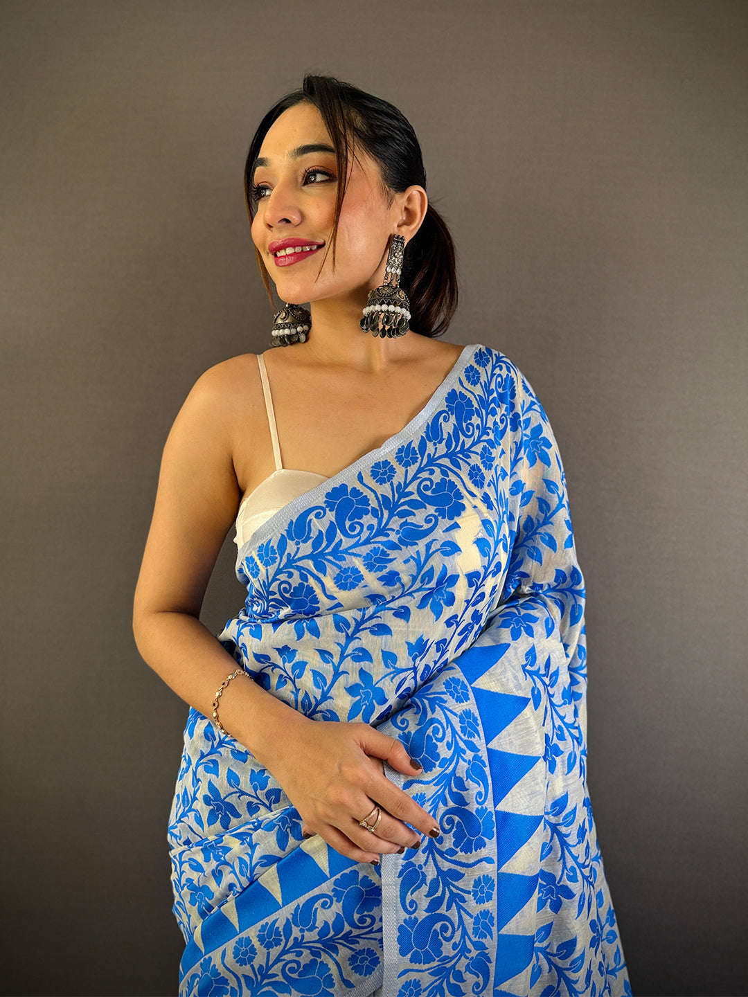Sky Blue Dhakai Jamdani Cotton Silk Saree