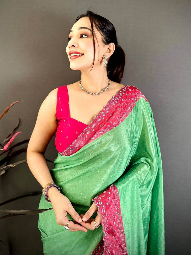 Green Poly Chiffon Diamond Stone Work Saree
