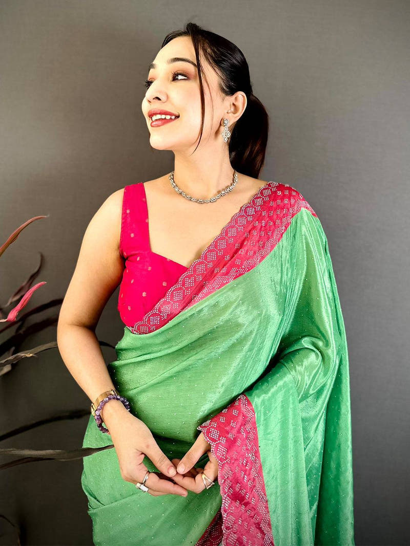 Green Poly Chiffon Diamond Stone Work Saree