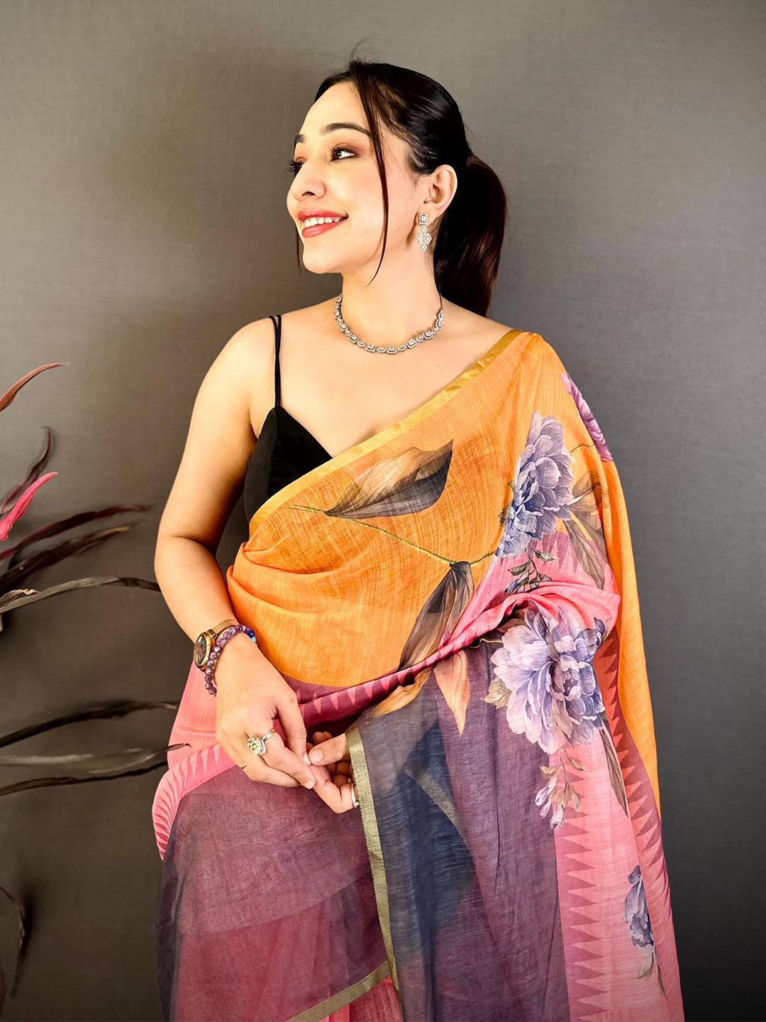 Classic Floral Linen Chanderi Saree