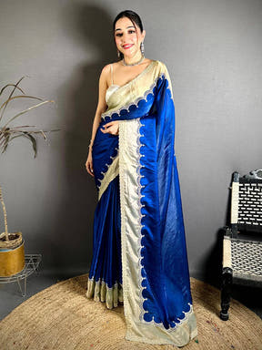 Stylish Silky Satin Diamond Zarkon Work Saree